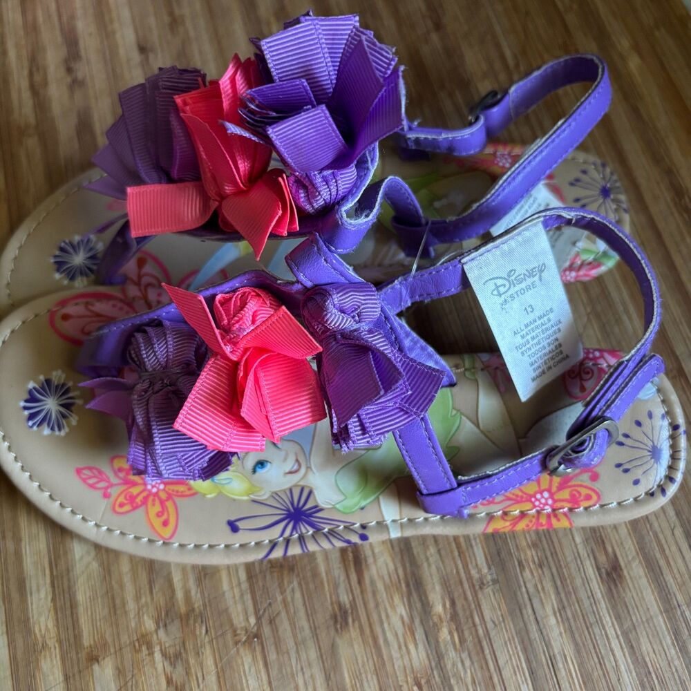 Disney Store Tinker Bell Girls Size 13 Purple Pink Floral Bow Buckle Sandals